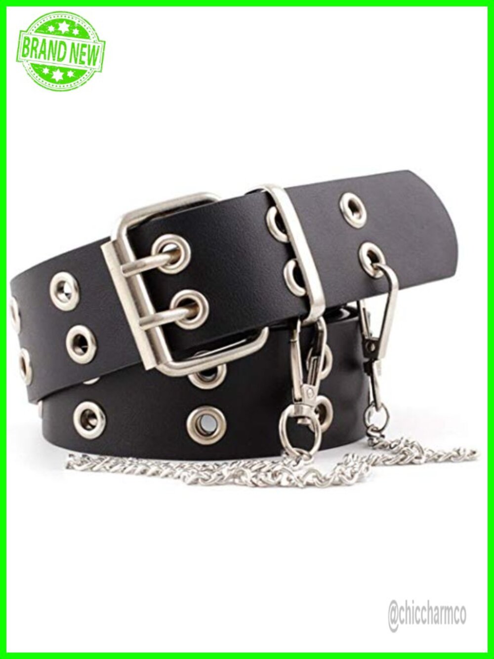 PU Leather Double Grommet Belt with Chain Silver Double Prong Buckle Waist Belt